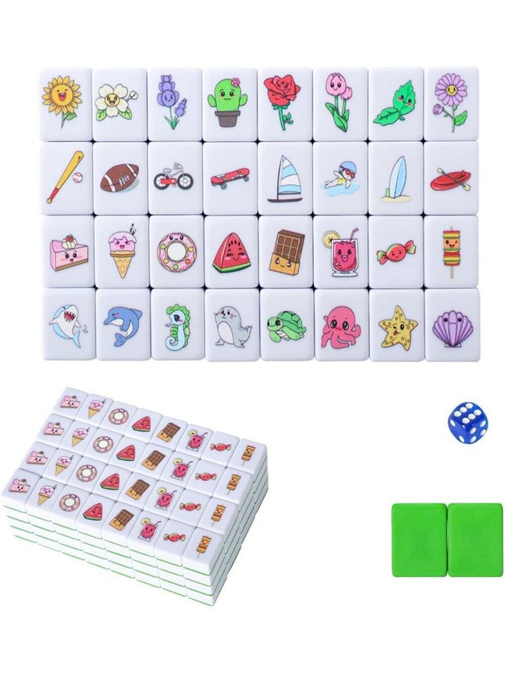 Portable Mahjong Block Set - 128 Green Tiles, 4 Patterns, Carry Bag